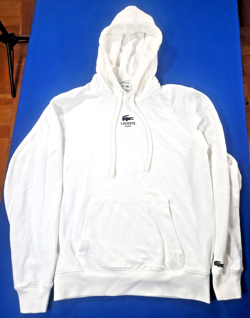 Lacoste Mens S White Fleece Pullover Hoodie Big Back Croc Logo Paris Sweatshirt